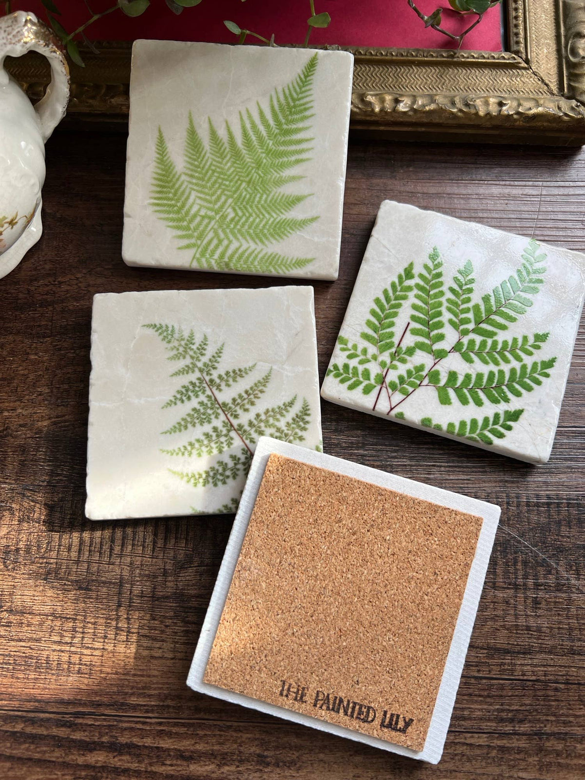 Ferns Stone Coasters | Set of 4 Marble Tile Coasters - The Painted Lily