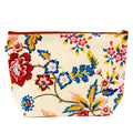 A rectangular zippered pouch with a cream-colored fabric body and a vibrant, multicolor floral print featuring red, blue, pink, and yellow flowers on a white background.