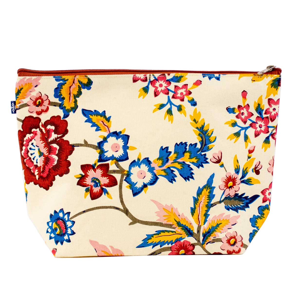A rectangular zippered pouch with a cream-colored fabric body and a vibrant, multicolor floral print featuring red, blue, pink, and yellow flowers on a white background.