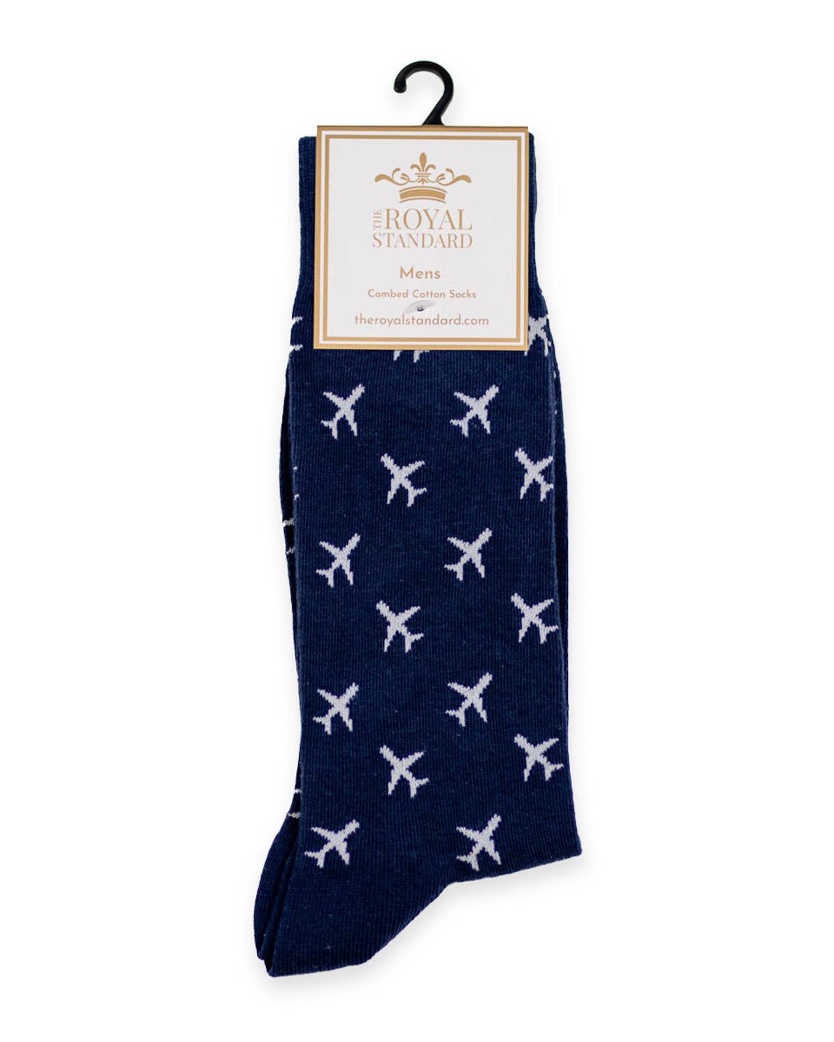 Navy blue socks with airplane pattern on a white background, featuring 'The Royal Standard' brand.