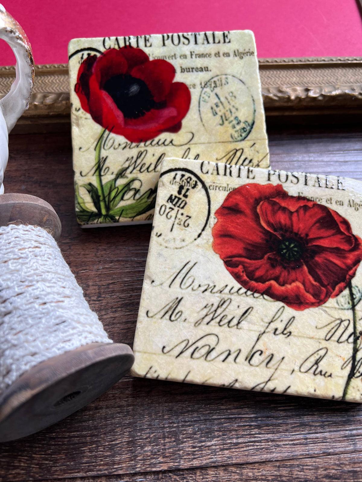 The Painted Lily - Red Poppies Stone Coasters | Set of 4 Marble Tile Coasters