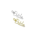 Two 'Bride' pendants, one silver and one gold, on a white background.