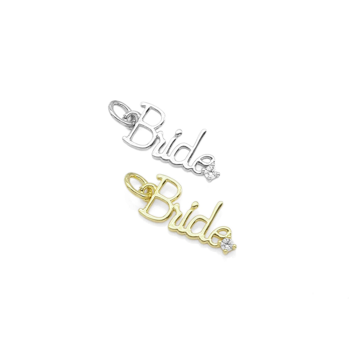 Two 'Bride' pendants, one silver and one gold, on a white background.