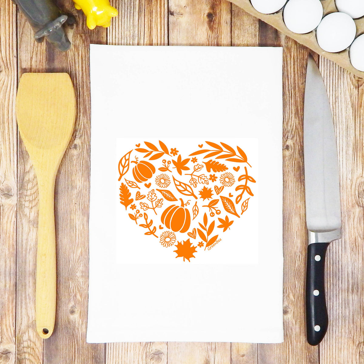 Heart-shaped with fall leaves and pumpkins kitchen towel