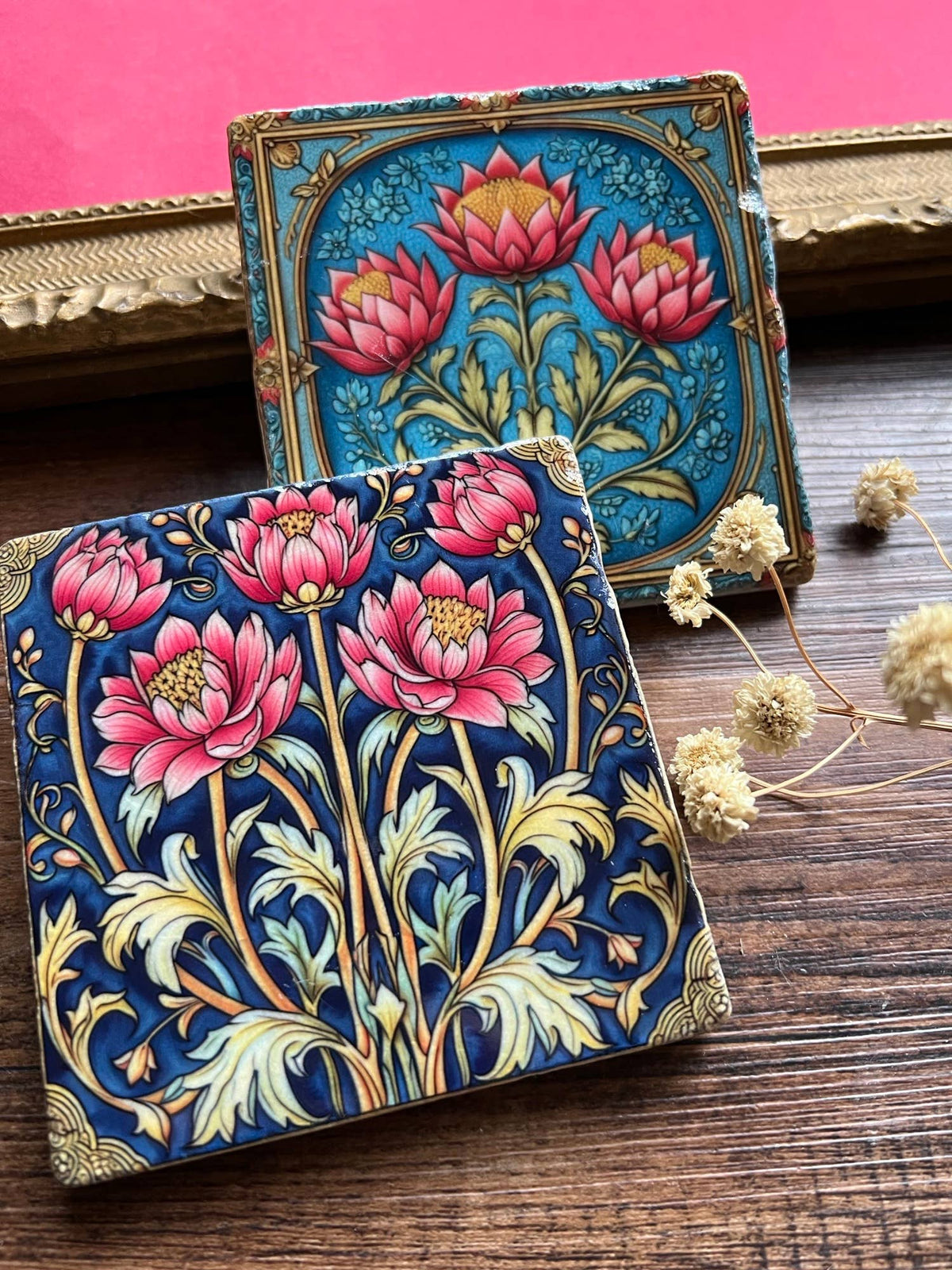 The Painted Lily - William Morris Stone Coasters | Set of 4 Marble Tile Coasters