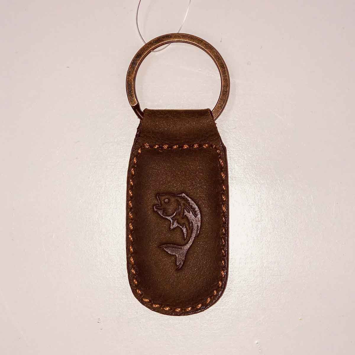 Dark brown fish leather embossed keychain, 1.35 x 2.55 inches