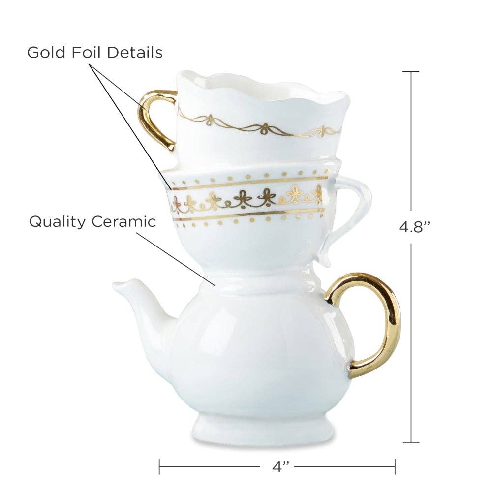 White ceramic teapot with gold foil details and measurements on a white background