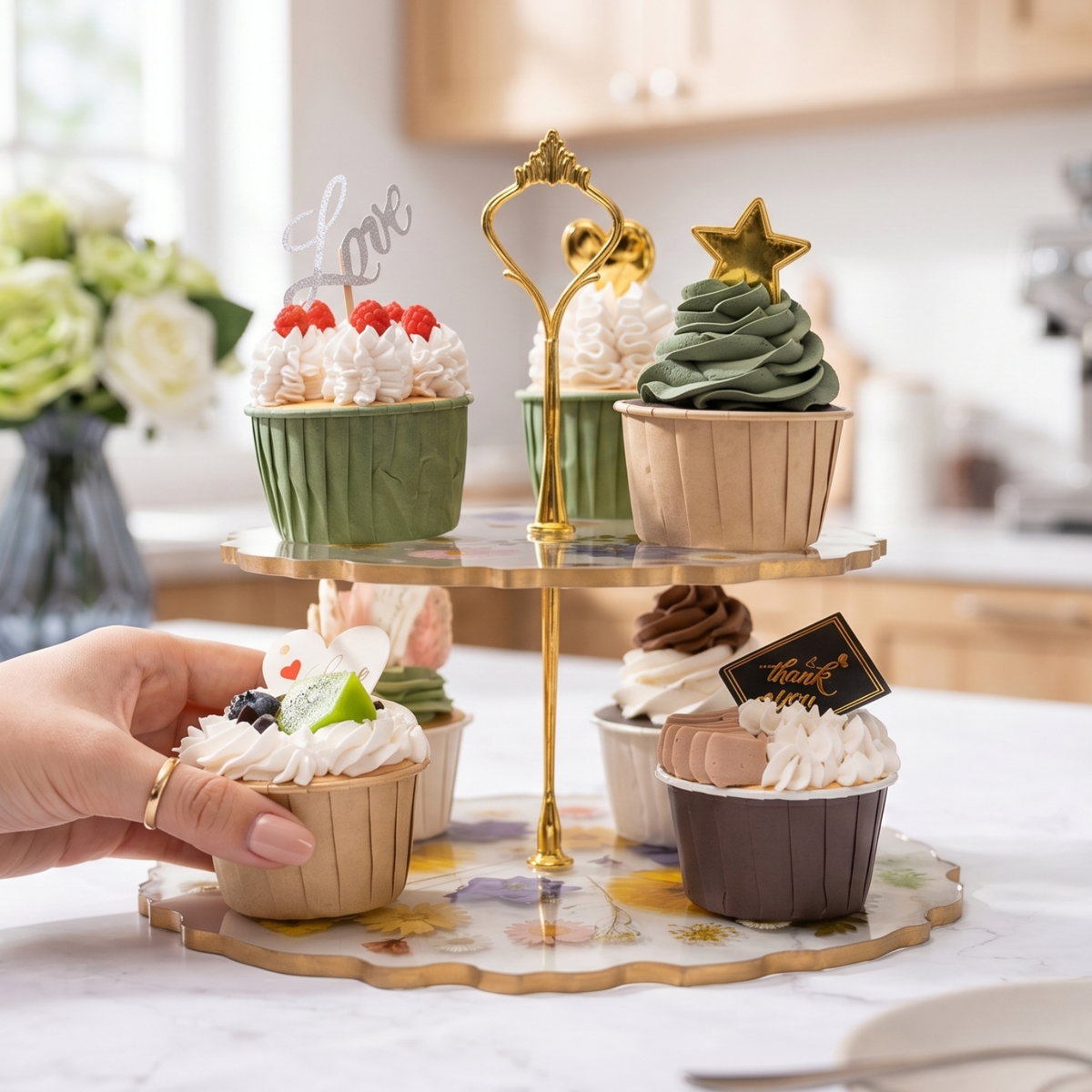 Decorative cupcake stand with small cupcakes on a table.