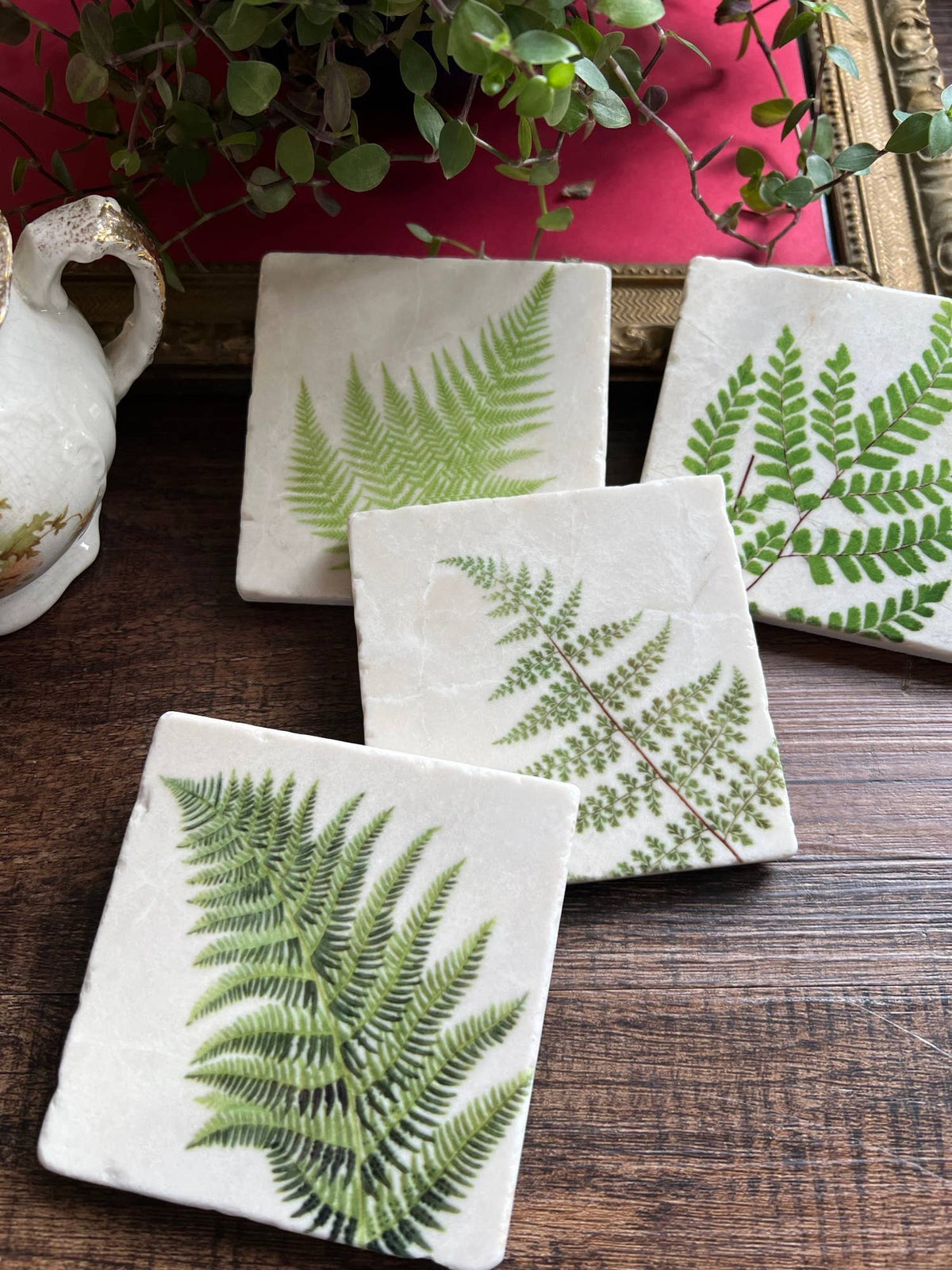 Ferns Stone Coasters | Set of 4 Marble Tile Coasters - The Painted Lily
