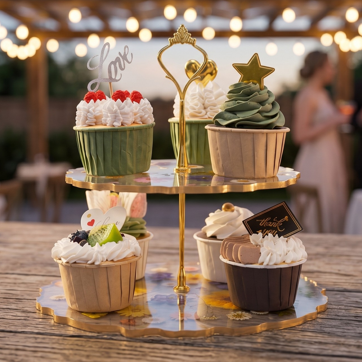 Decorative cupcakes on a gold stand with blurred background