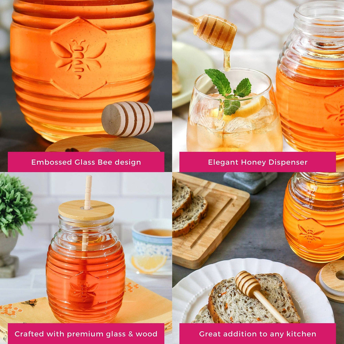 A 2x2 collage showing a honey jar with a glass bee design, honey dipper, and honey in use. Text overlays highlight features like 'Embossed Glass Bee design,' 'Elegant Honey Dispenser,' 'Crafted with premium glass & wood,' and 'Great addition to any kitchen.