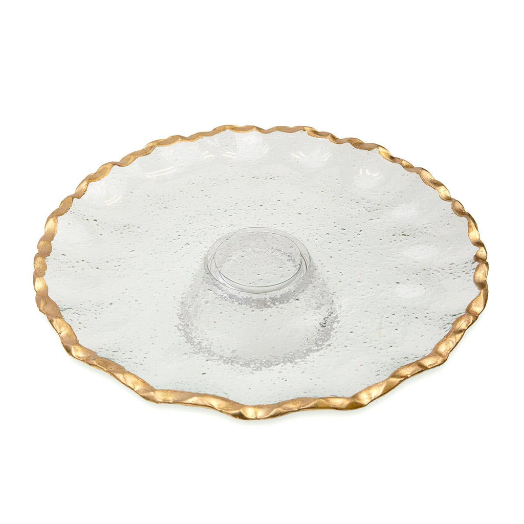 Clear glass cake stand with ripple gold trim