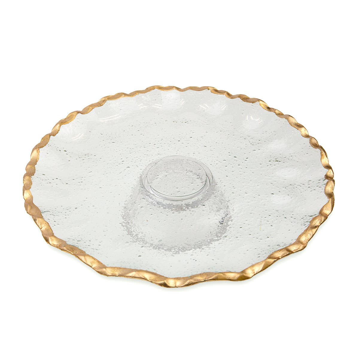 Clear glass cake stand with ripple gold trim