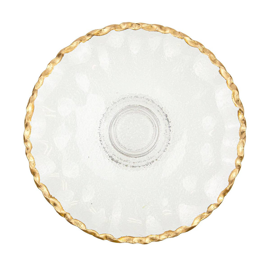 Clear glass plate stand with gold trim