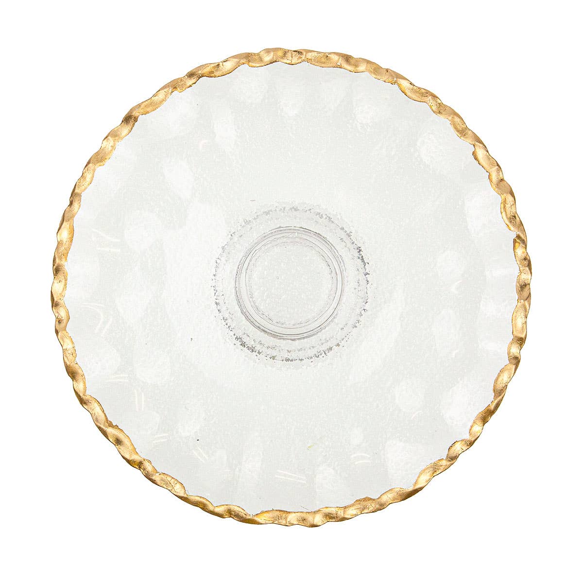 Clear glass plate stand with gold trim