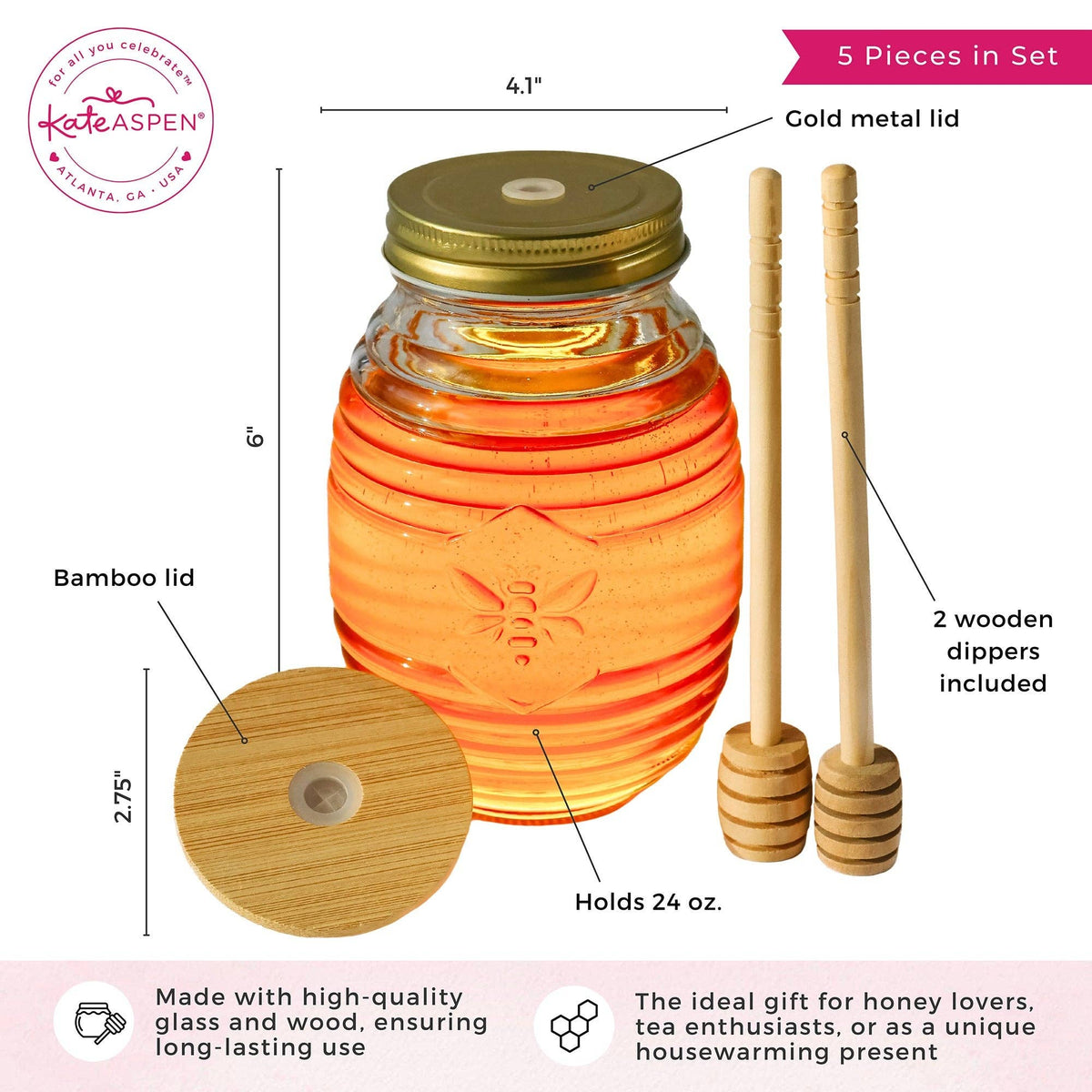 Honey jar with gold metal lid, bamboo lid, and wooden dippers, labeled with measurements and product details.