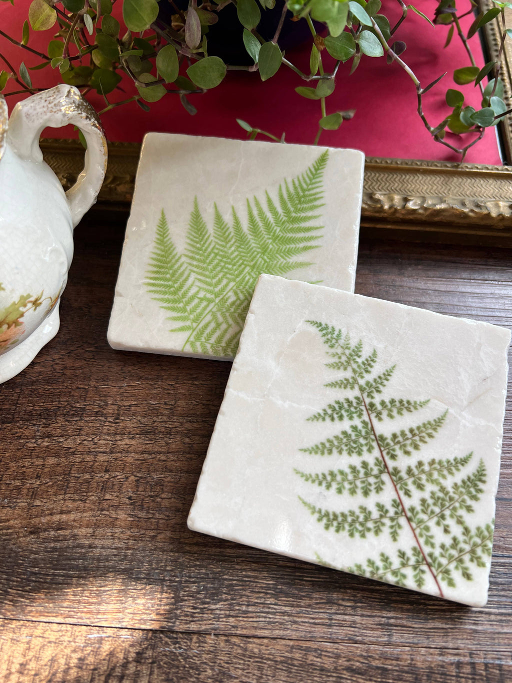 Ferns Stone Coasters | Set of 4 Marble Tile Coasters - The Painted Lily