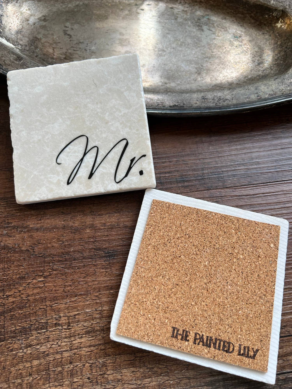 The Painted Lily - Mr & Mrs Stone Coasters | Wedding Gift Marble Tile Coasters