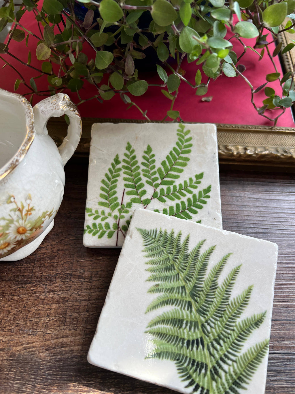 Ferns Stone Coasters | Set of 4 Marble Tile Coasters - The Painted Lily