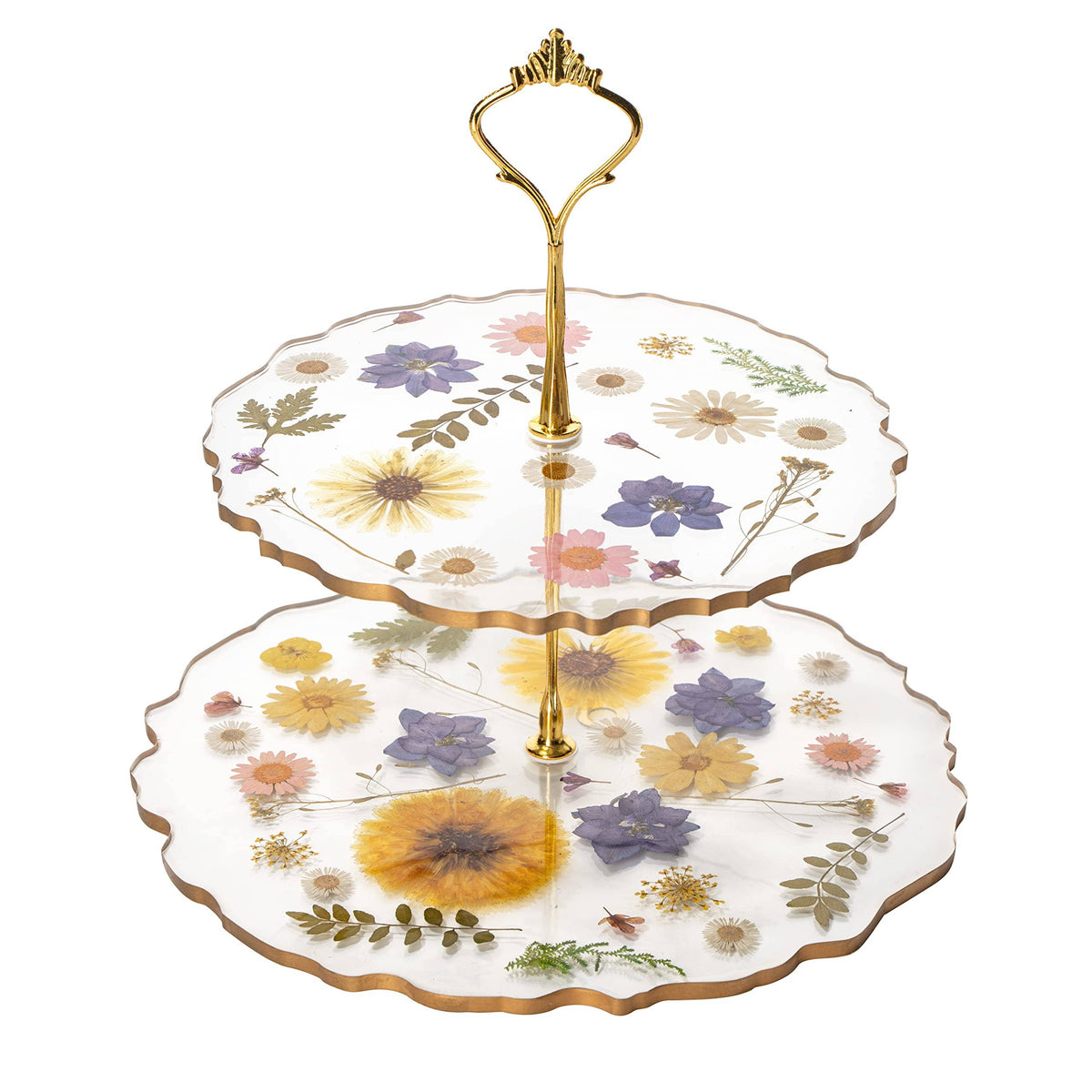 Two-tiered cake stand with floral design on a white background