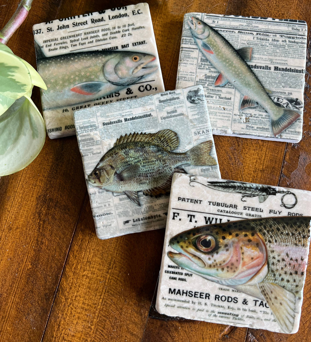 The Fisherman Stone Coasters | Set of 4 Fishing Gift Marble Tile Coasters