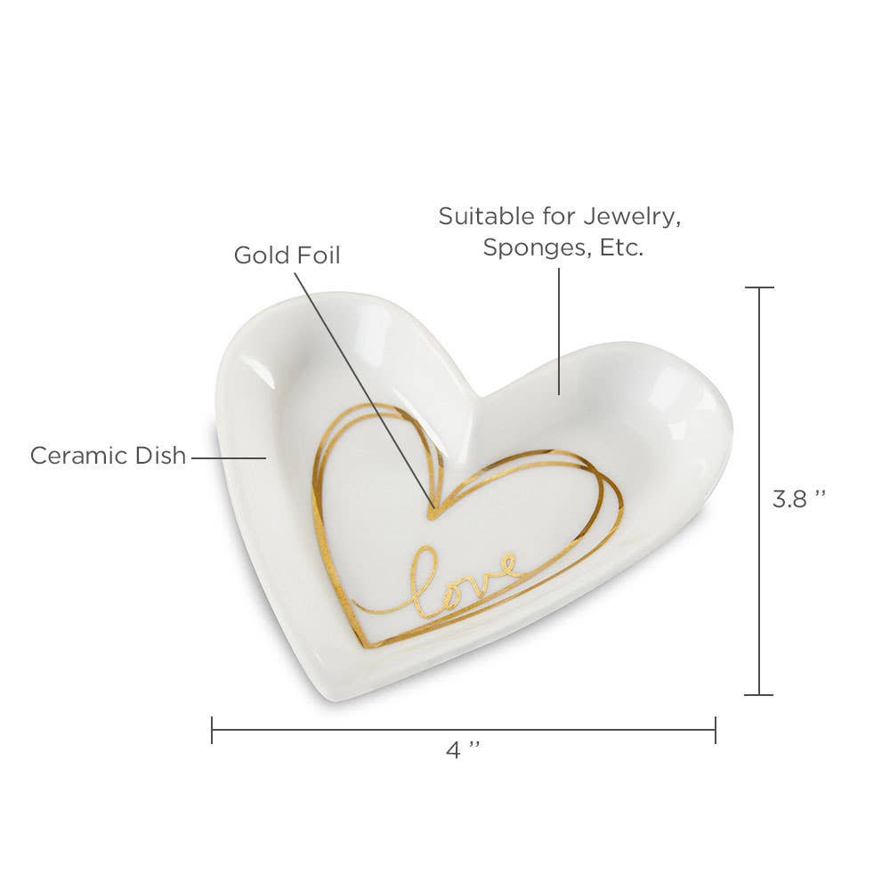 White ceramic heart-shaped dish with gold foil heart outline and the word 'love' in script, shown with dimension labels indicating 4 by 3.8 inches and text noting suitability for jewelry, sponges, and other small items.
