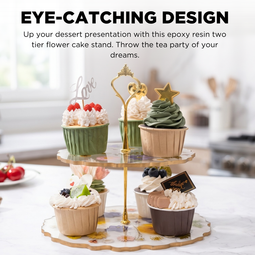 Two-tier epoxy resin cake stand with decorated cupcakes on a blurred background