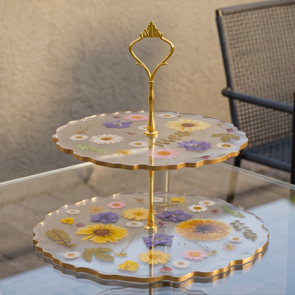 Two-tiered decorative tray with floral design on a glass table.