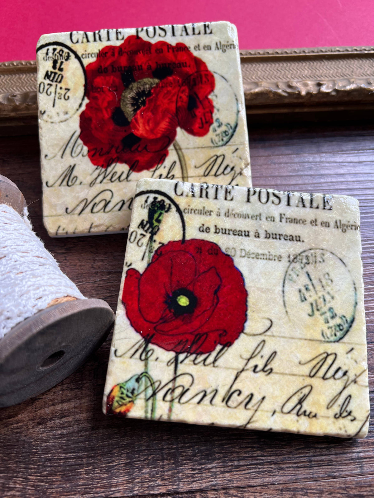 The Painted Lily - Red Poppies Stone Coasters | Set of 4 Marble Tile Coasters