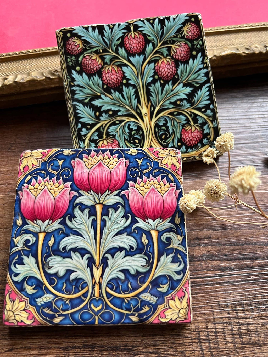The Painted Lily - William Morris Stone Coasters | Set of 4 Marble Tile Coasters