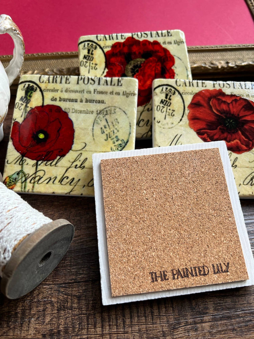 The Painted Lily - Red Poppies Stone Coasters | Set of 4 Marble Tile Coasters