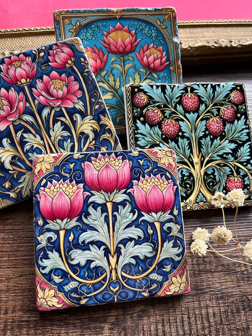 The Painted Lily - William Morris Stone Coasters | Set of 4 Marble Tile Coasters