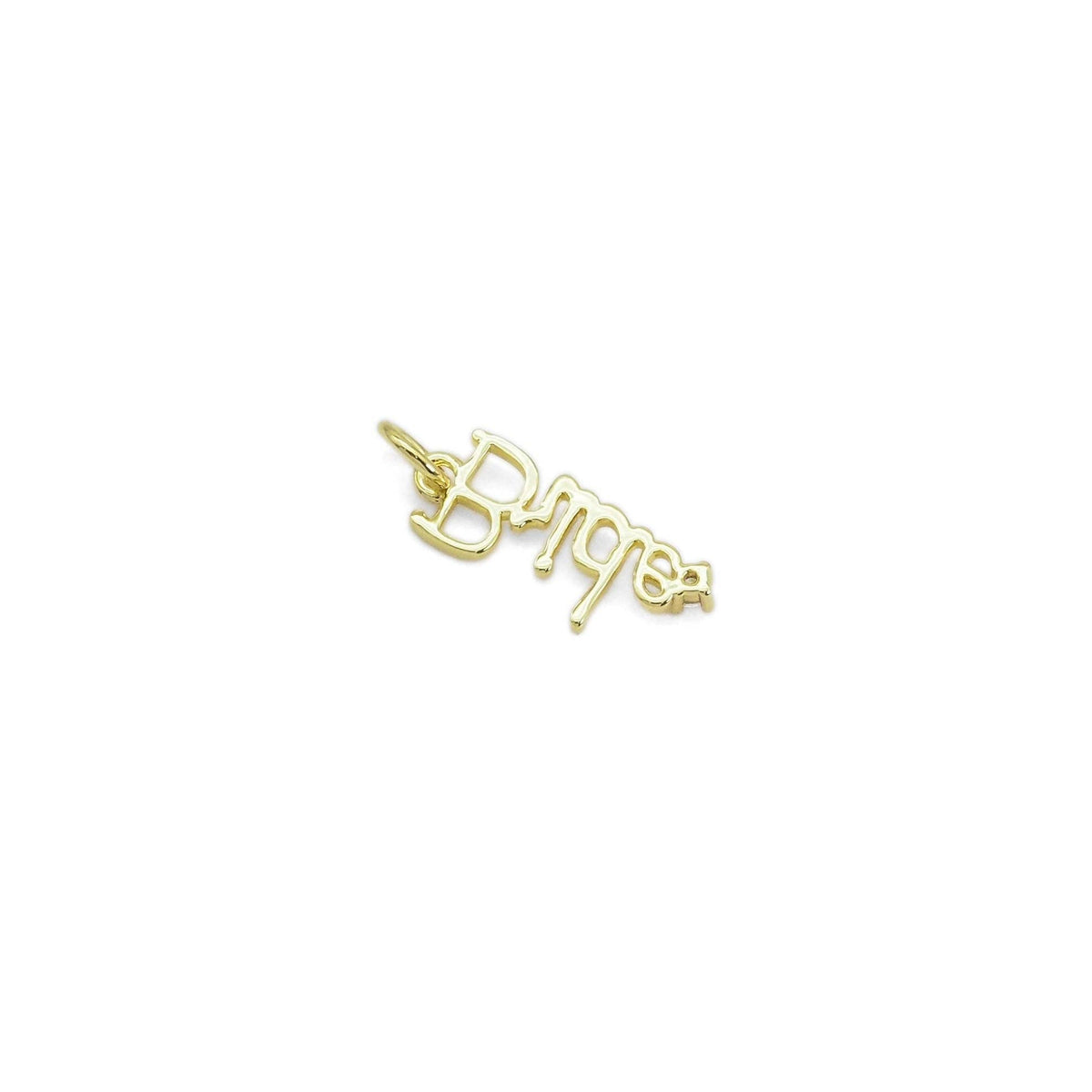 Gold script charm that spells "Bride"