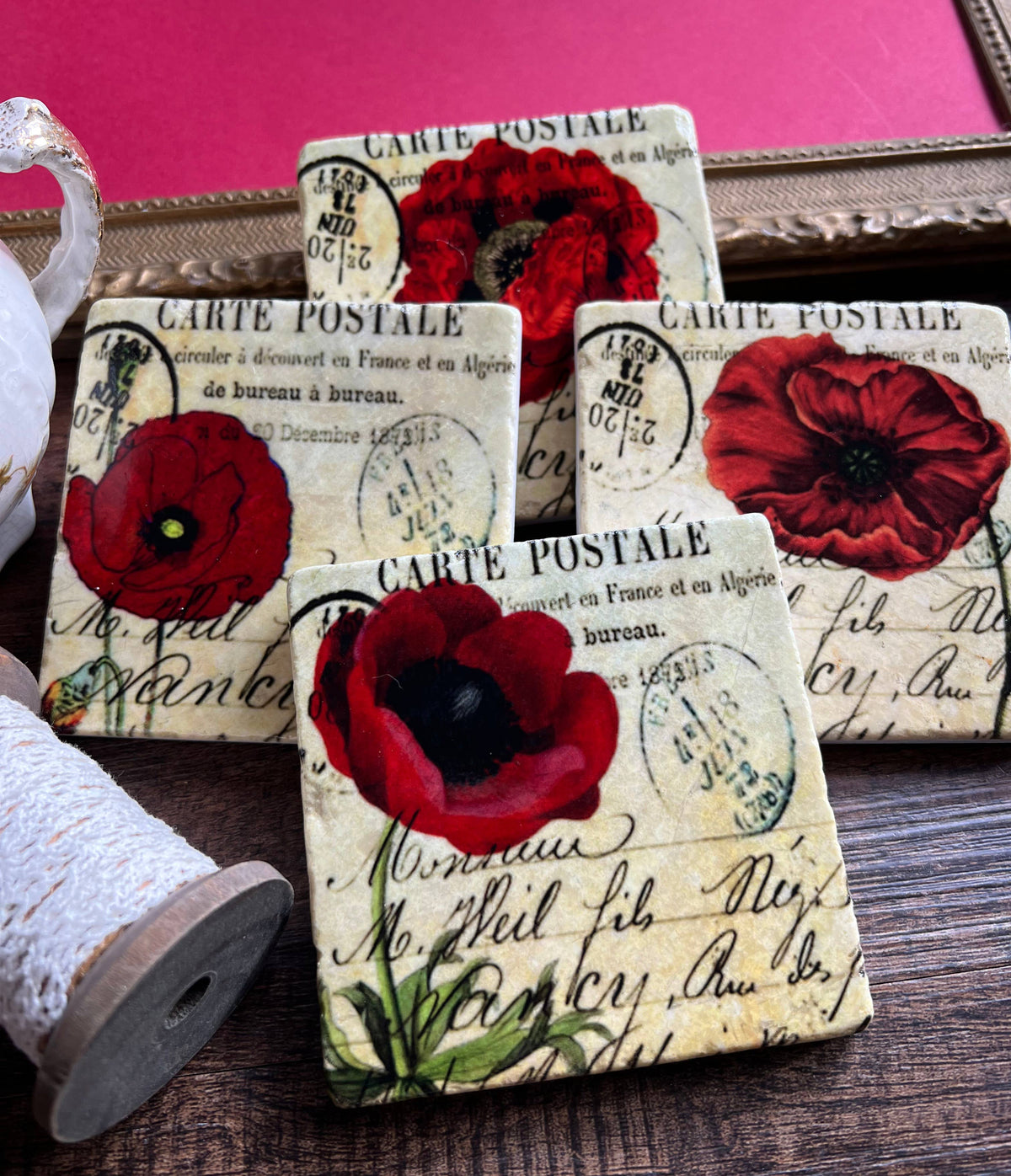 The Painted Lily - Red Poppies Stone Coasters | Set of 4 Marble Tile Coasters