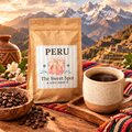 Peru single origin coffee bag with Sweet Spot Gift Shop label and Andean mountains in background