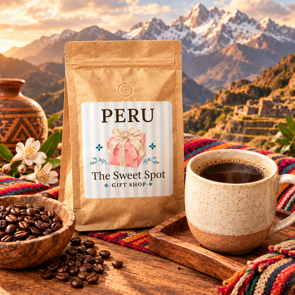 Peru single origin coffee bag with Sweet Spot Gift Shop label and Andean mountains in background