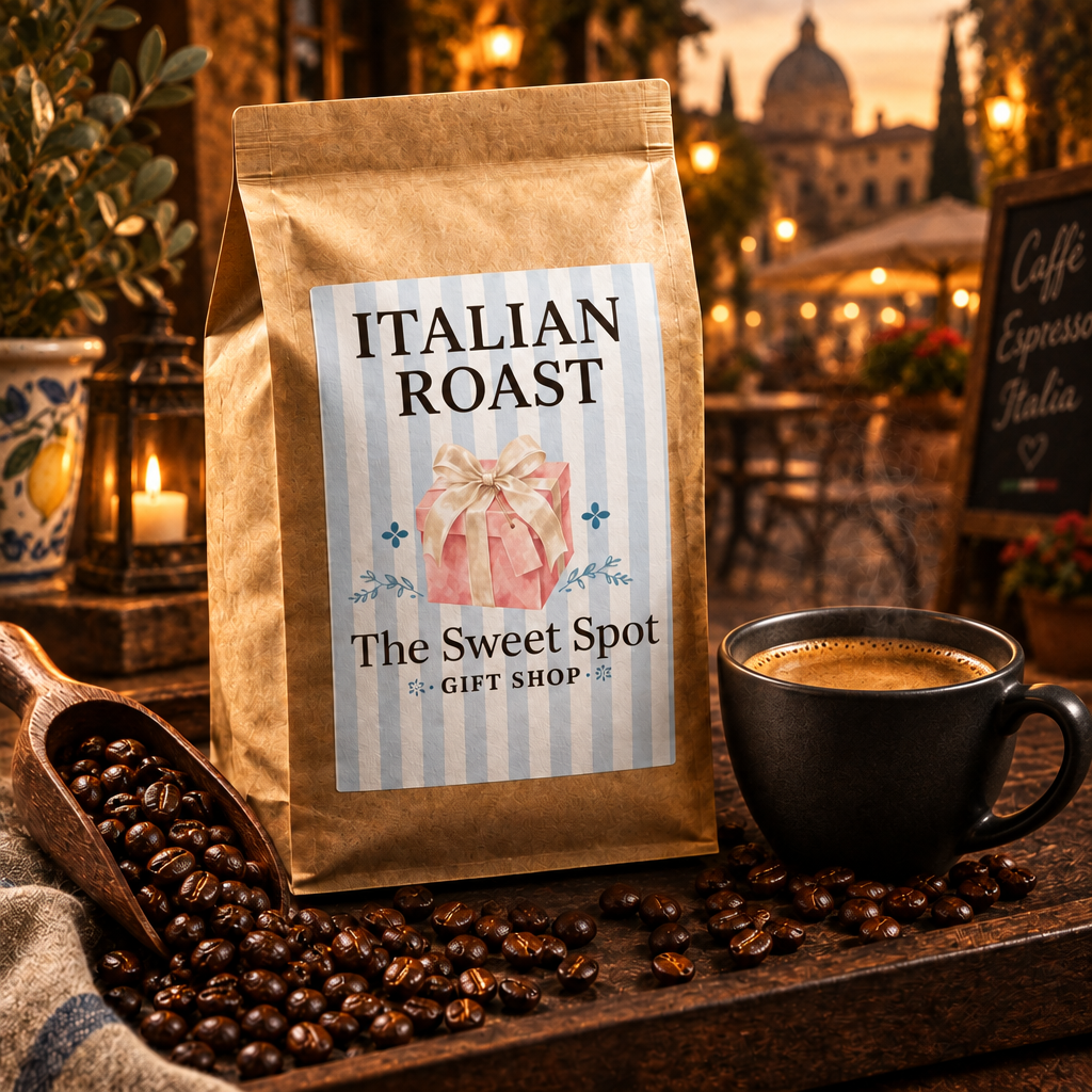 Italian Roast Coffee bag in Italian café lifestyle setting