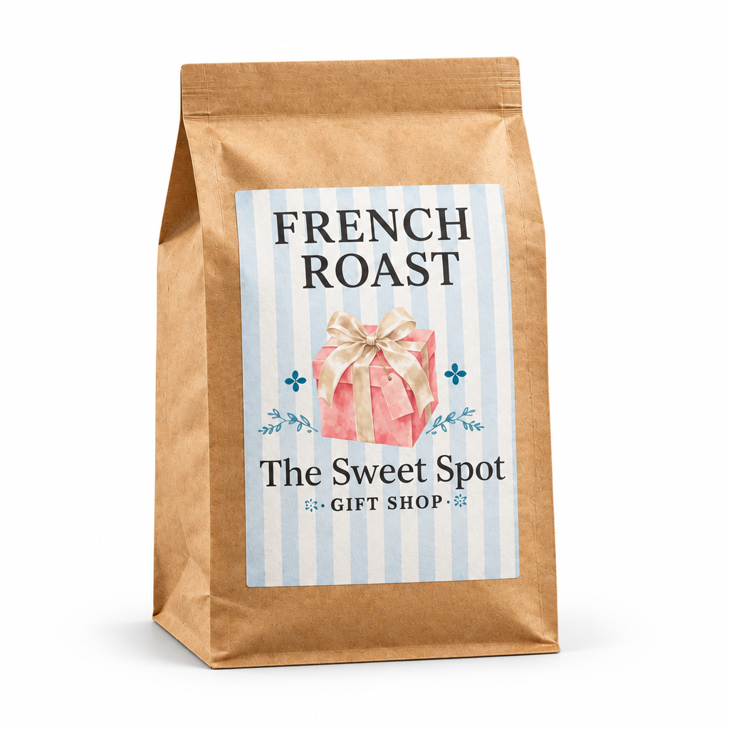 French Roast Coffee in kraft brown paper bag on white background