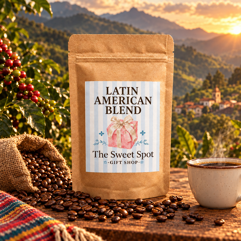 Latin American Blend kraft bag with Sweet Spot Gift Shop label, editorial lifestyle photo