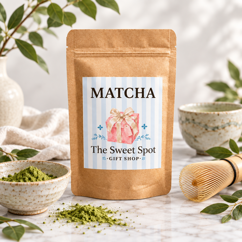 Matcha kraft bag with Sweet Spot Gift Shop label, marble surface with bamboo whisk and matcha powder