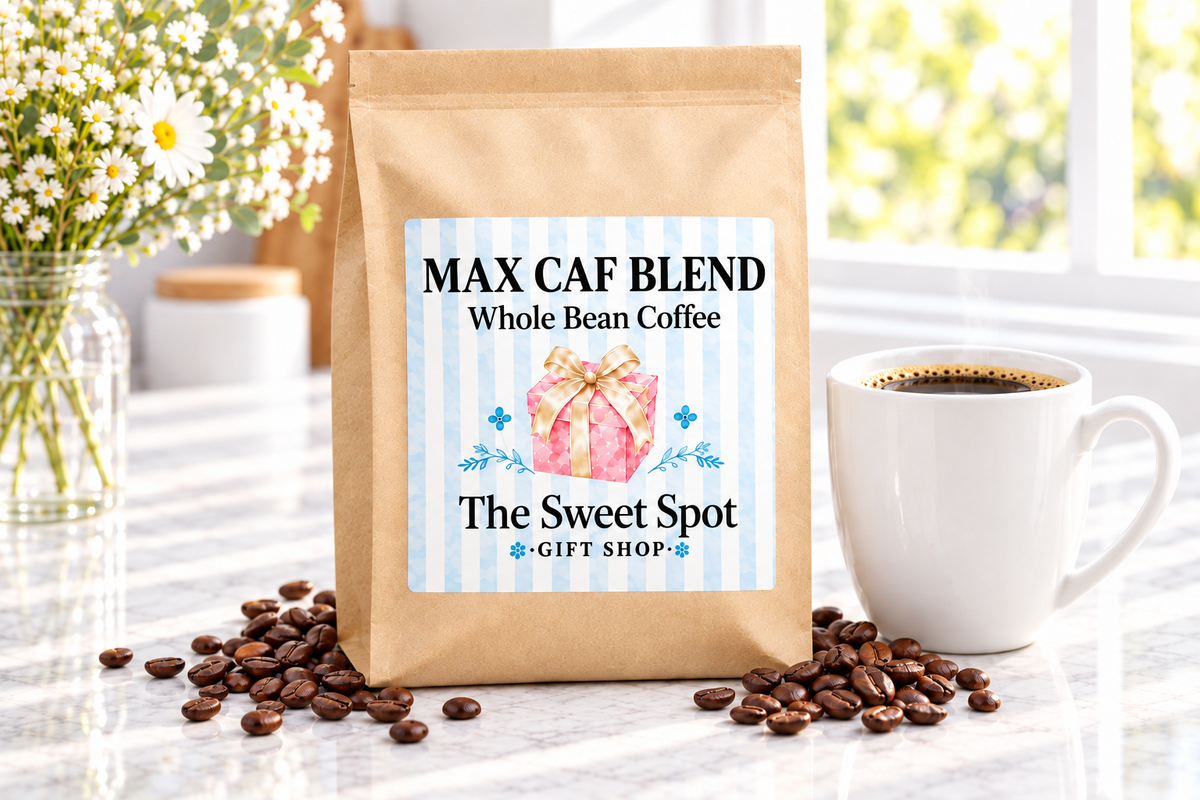 Max Caf Blend whole bean coffee kraft bag with Sweet Spot Gift Shop label and roasted coffee beans
