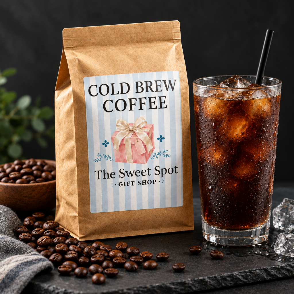 Cold Brew Coffee bag lifestyle shot with iced coffee glass on dark slate