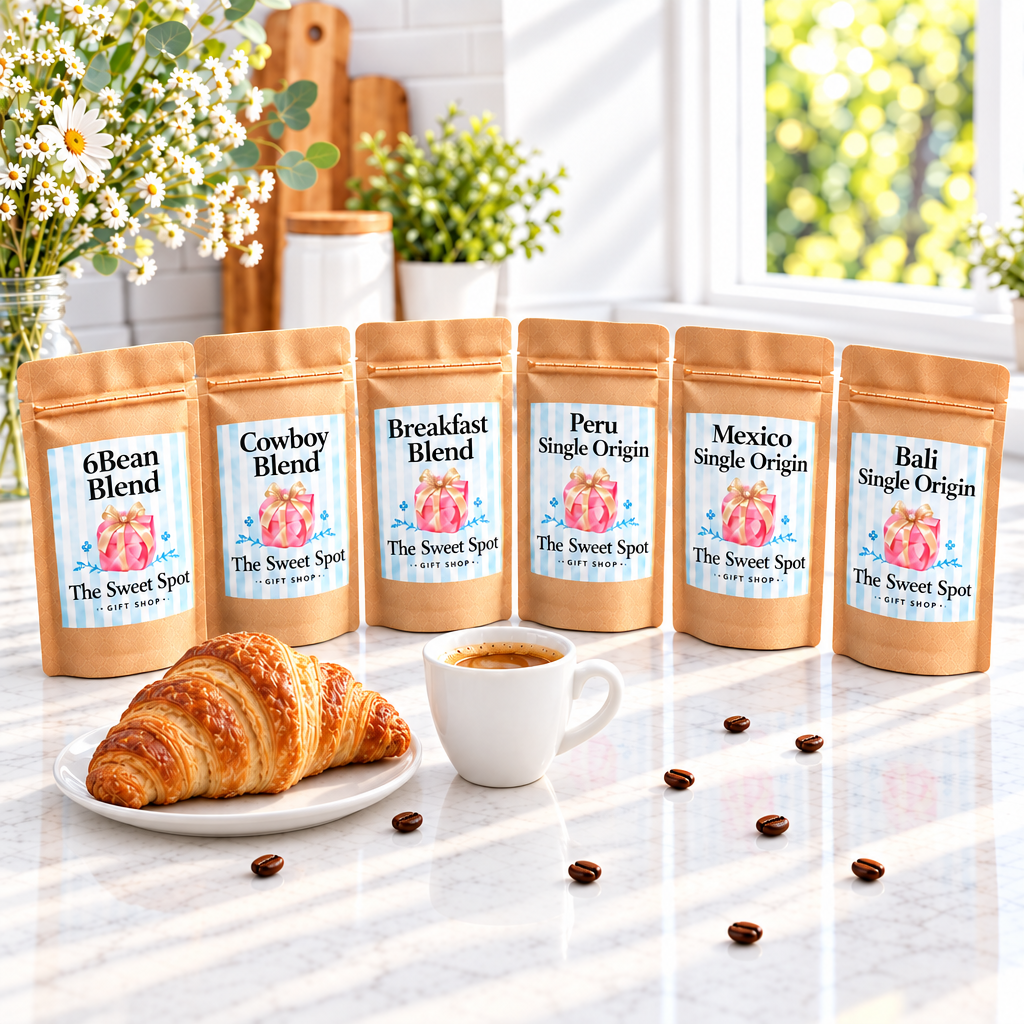 Best Sellers Coffee Sample Pack — 6 branded 2oz kraft bags curved on marble with espresso cup and croissant on white plate — Sweet Spot Gift Shop