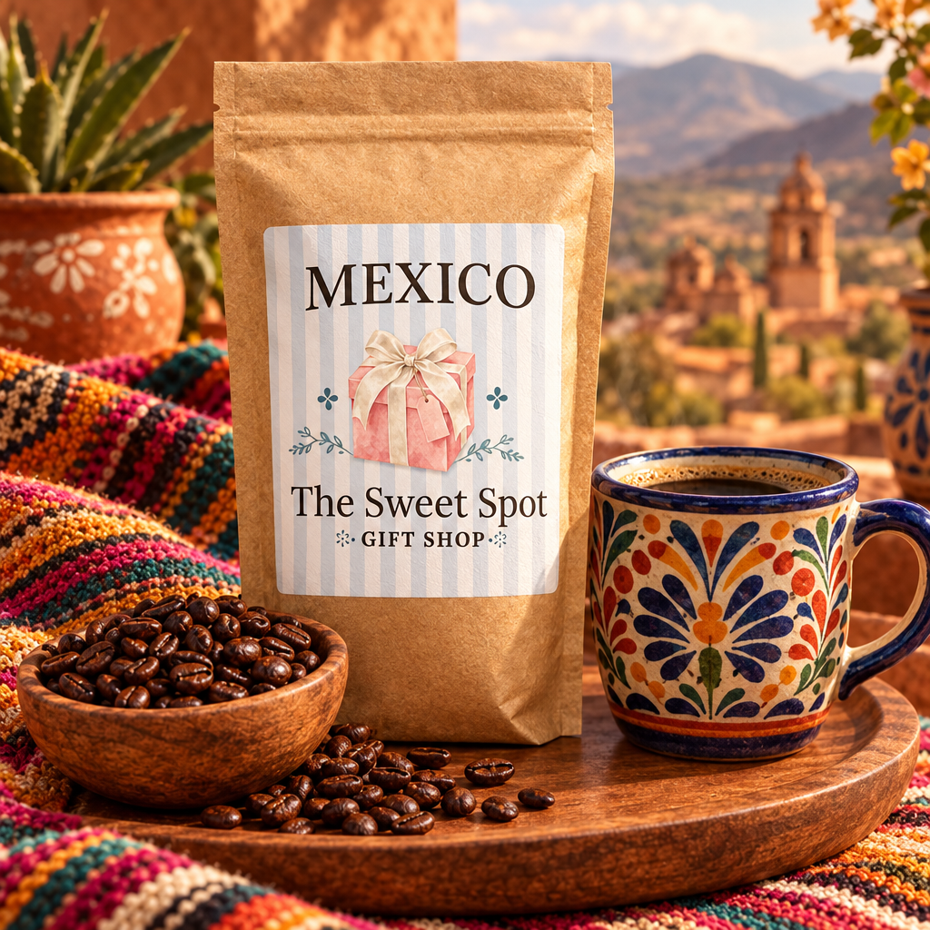 Mexico single origin coffee bag with Sweet Spot Gift Shop label and Mexican highlands background