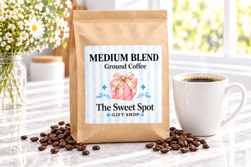 Medium Blend Ground Coffee kraft bag with Sweet Spot Gift Shop label and roasted coffee beans