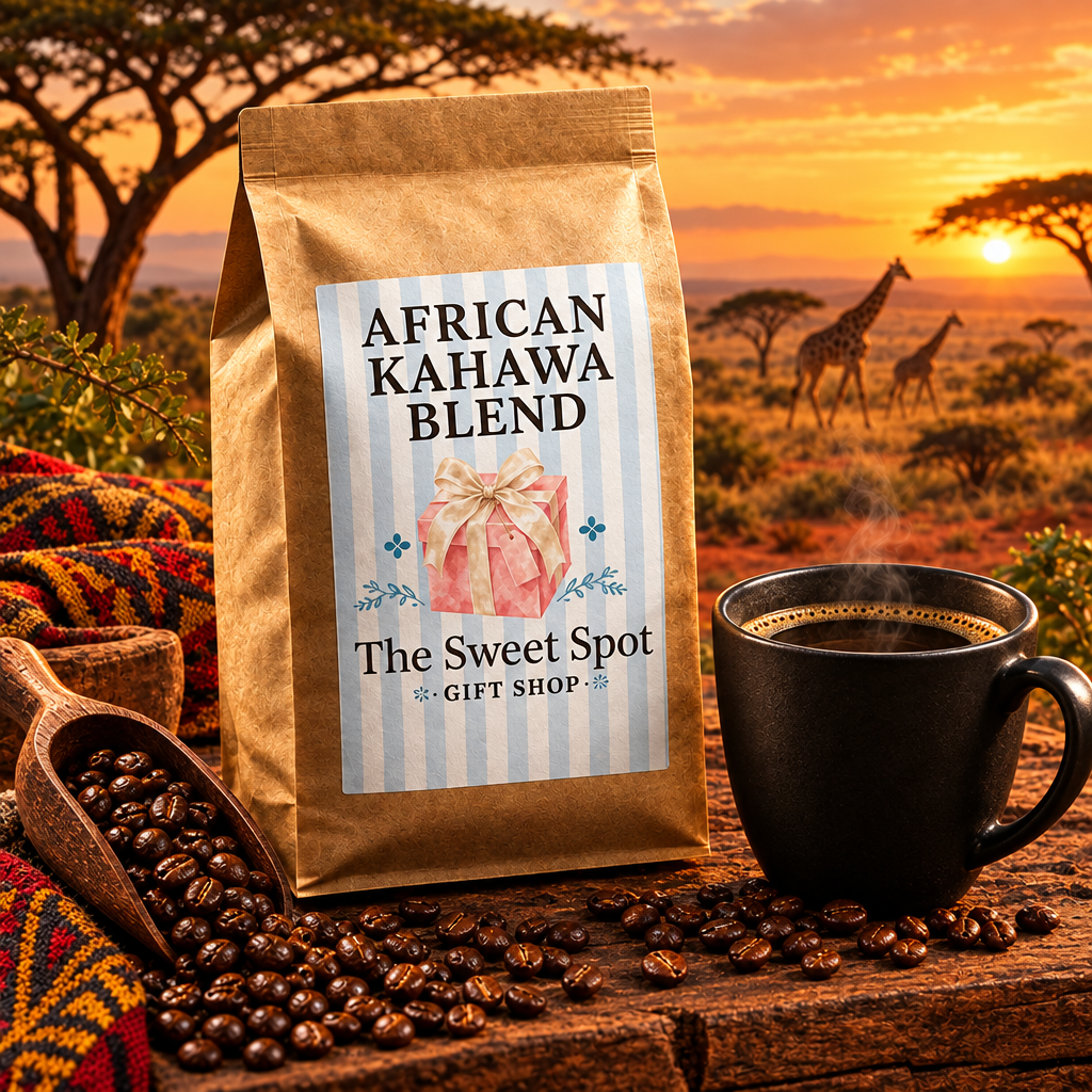 African Kahawa Blend coffee bag on African savanna with giraffes at golden hour