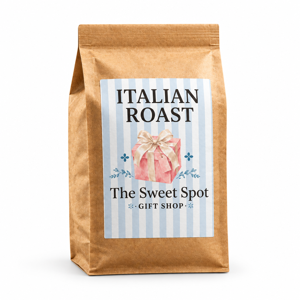 Italian Roast Coffee in kraft brown paper bag on white background