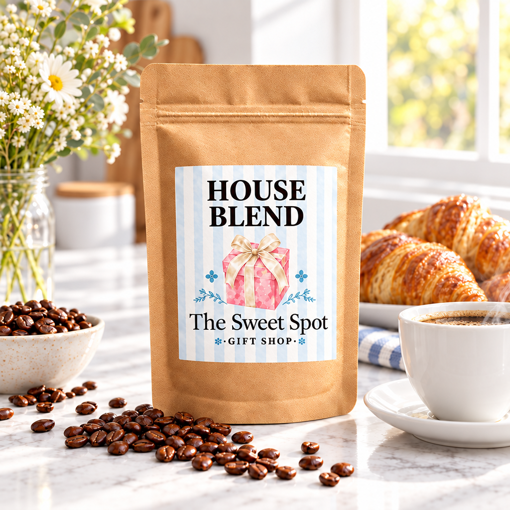 House Blend coffee in a Sweet Spot Gift Shop kraft bag with blue stripe label and pink gift box logo